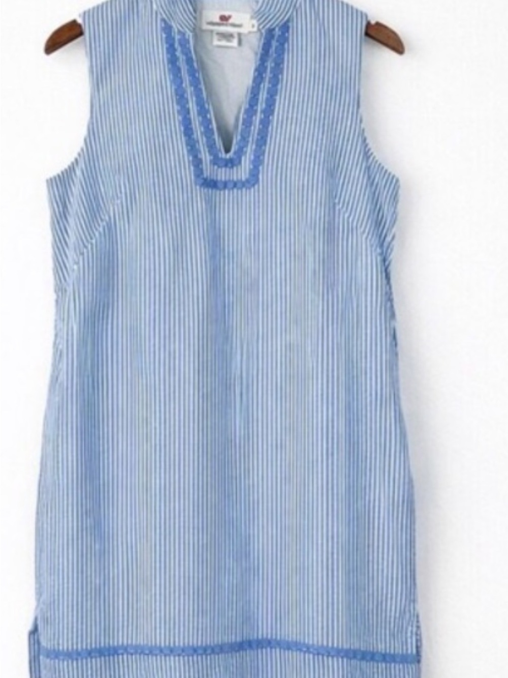 Vineyard Vines Blue White Seersucker Shift Dress Embroidered Trim Sz 8